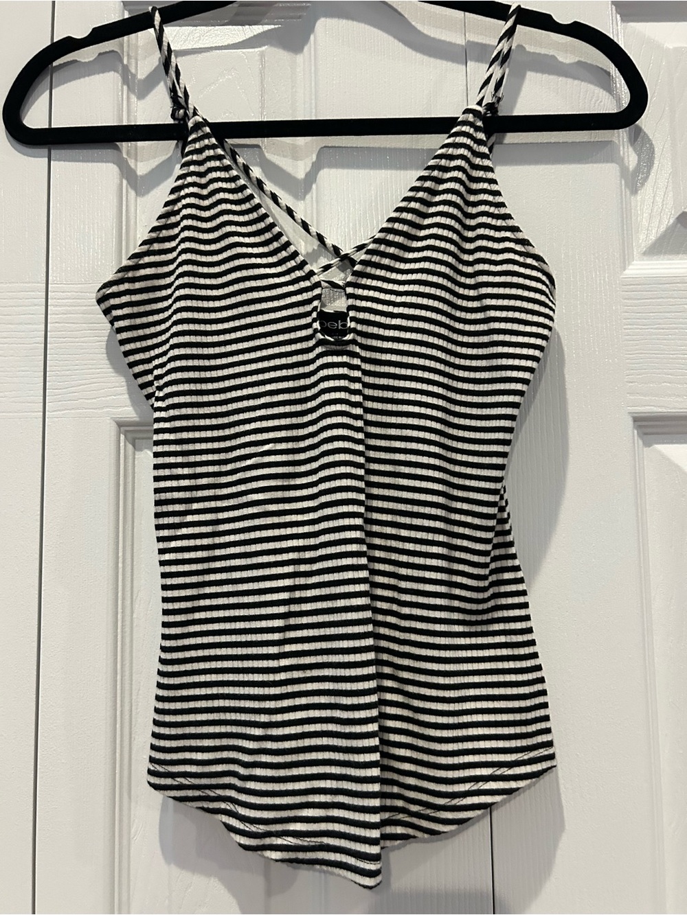 bebe Black & White Striped Ribbed V-Neck Tank